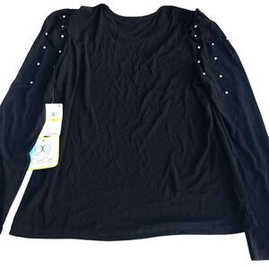 Womens MEDIUM Black Top Rhinestones Long Sleeve Bling